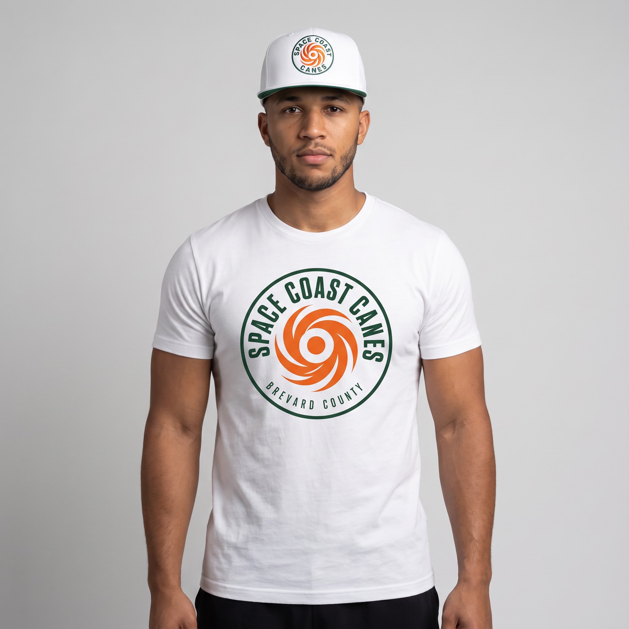 Space Coast Canes member wearing the white hurricane badge t-shirt and matching white snapback hat