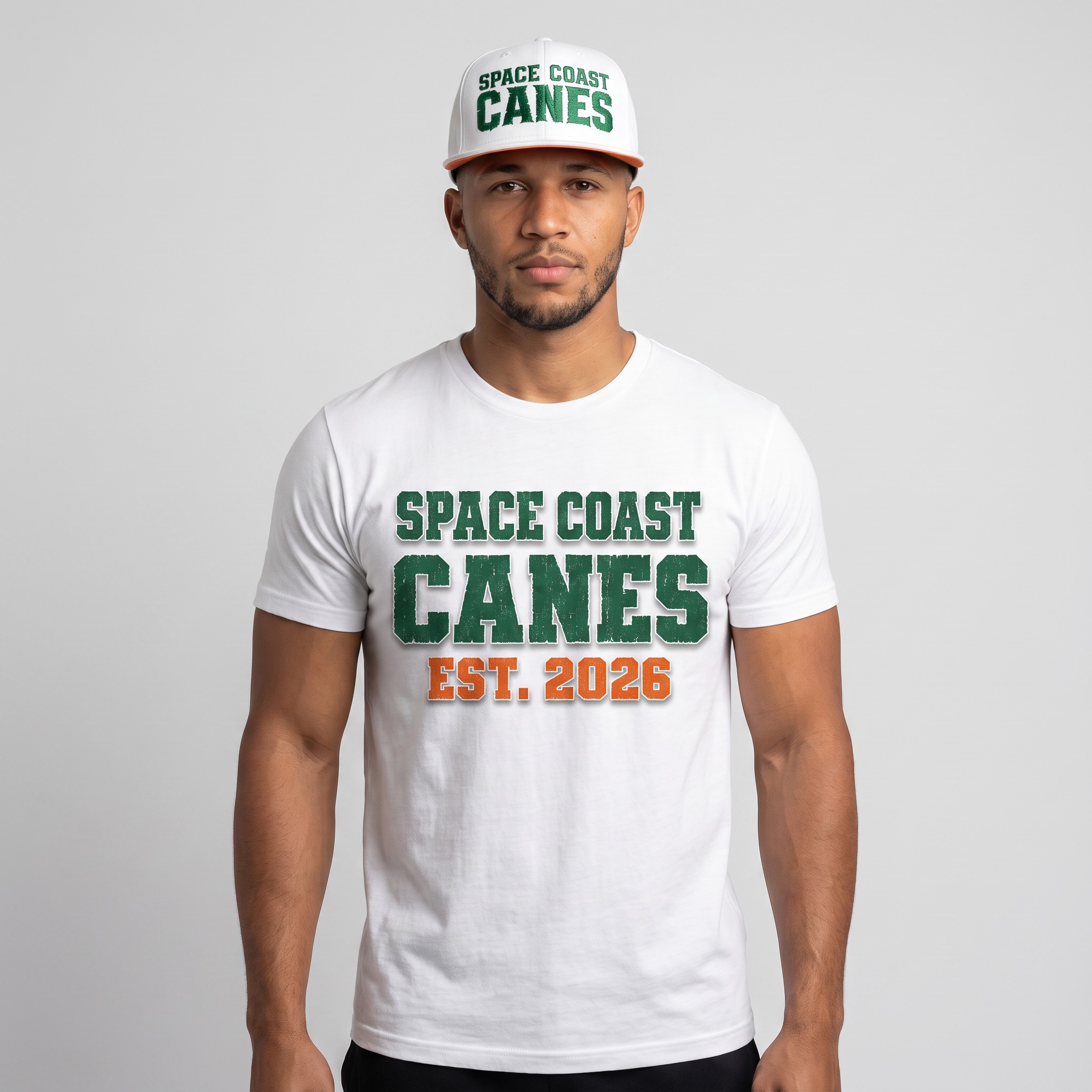 Space Coast Canes member wearing the white distressed wordmark t-shirt and matching white snapback hat