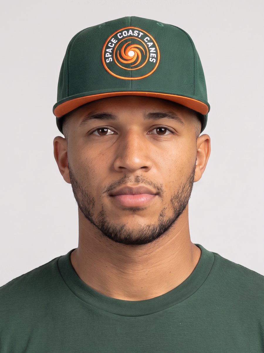 Space Coast Canes member wearing the green hurricane badge snapback hat and matching green t-shirt