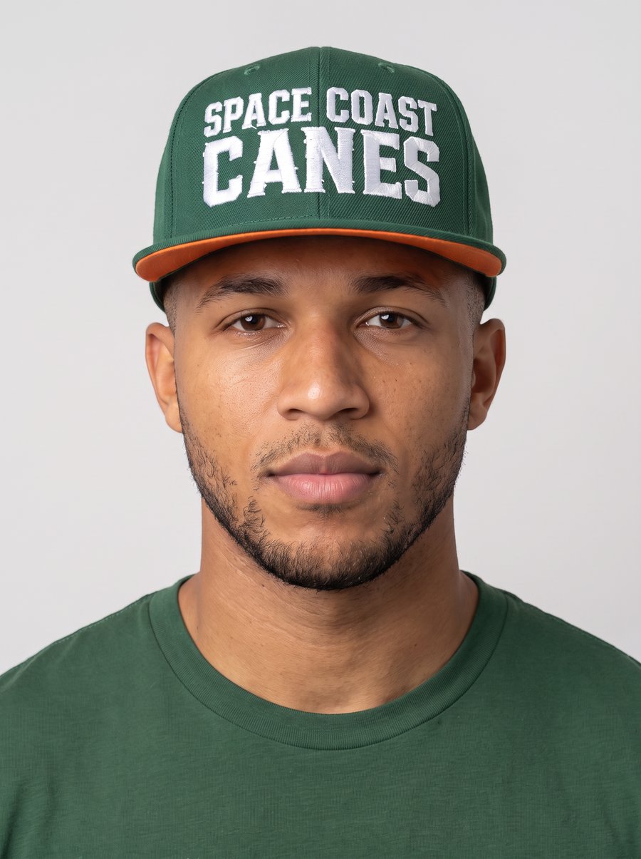 Space Coast Canes member wearing the green distressed wordmark snapback hat and matching green t-shirt