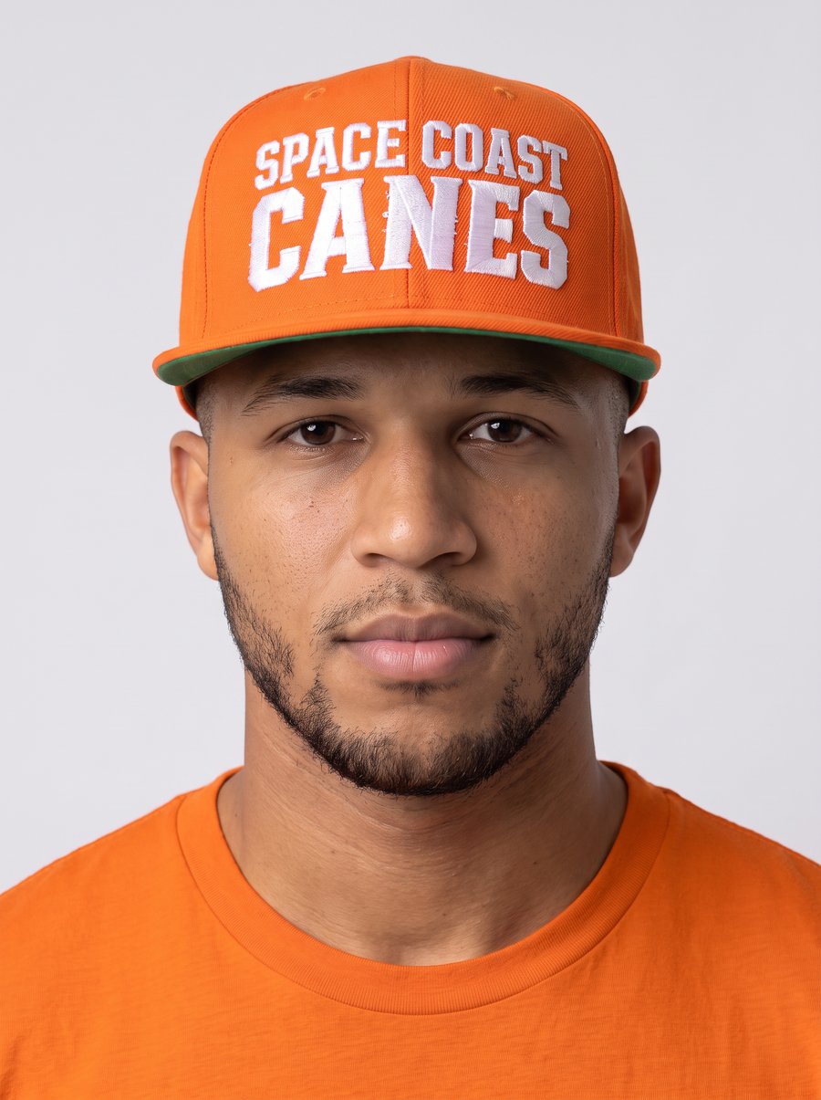 Space Coast Canes member wearing the orange distressed wordmark snapback hat and matching orange t-shirt
