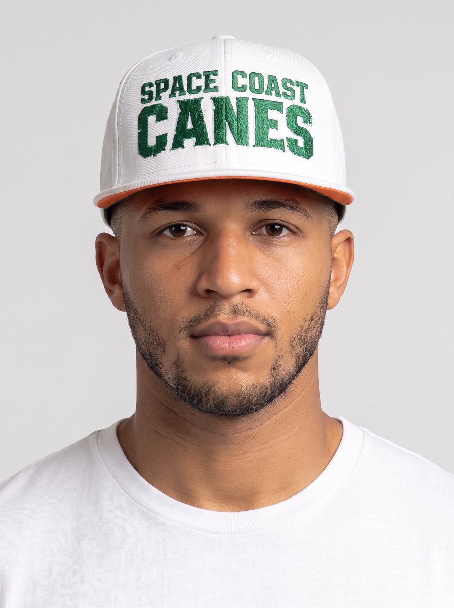 Space Coast Canes member wearing the white distressed wordmark snapback hat and matching white t-shirt