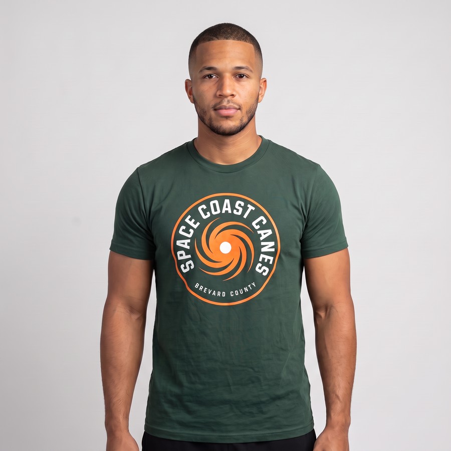 Space Coast Canes member wearing the green hurricane badge t-shirt