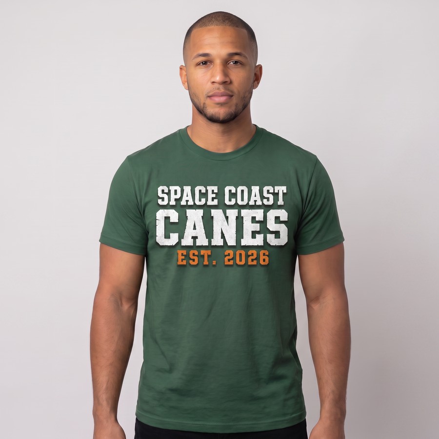 Space Coast Canes member wearing the green distressed wordmark t-shirt