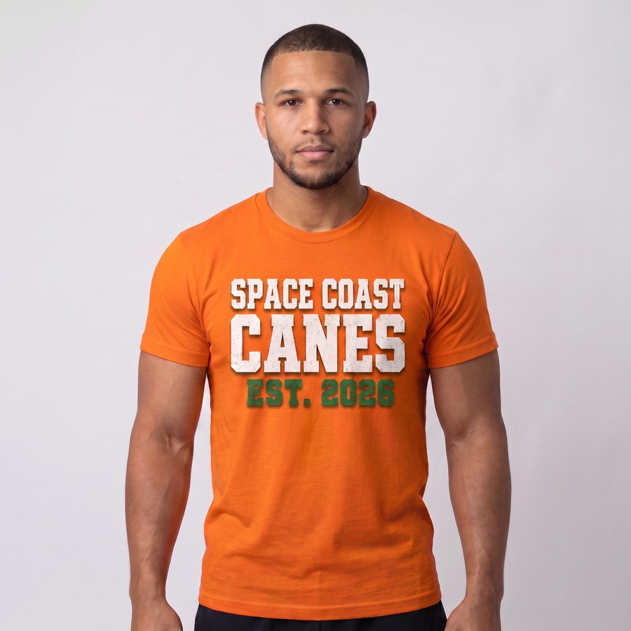 Space Coast Canes member wearing the orange distressed wordmark t-shirt