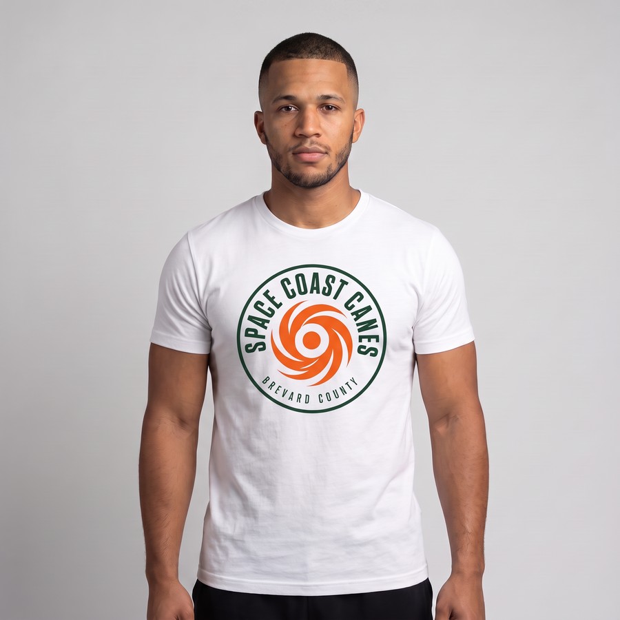 Space Coast Canes member wearing the white hurricane badge t-shirt