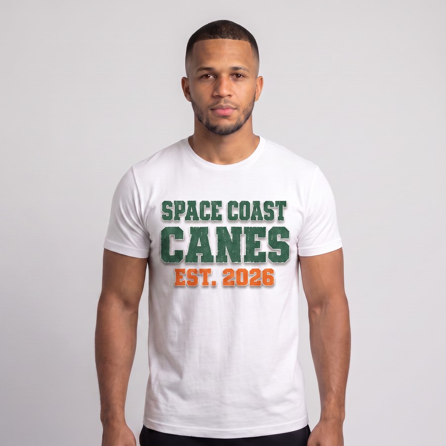 Space Coast Canes member wearing the white distressed wordmark t-shirt